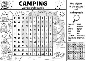Vector black and white camping wordsearch puzzle. Simple forest summer camp outline crossword or coloring page. Educational