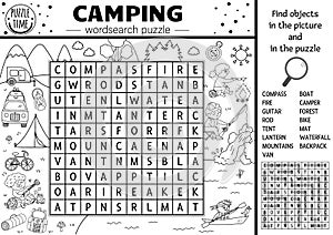 Vector black and white camping wordsearch puzzle. Simple forest summer camp outline crossword or coloring page. Educational photo