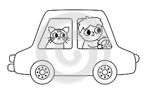 Vector black and white car with driver and cat. Funny automobile for kids with boy and pet. Cute vehicle line clip art with