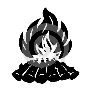 Vector black and white cartoon illustration of burning fire with wood