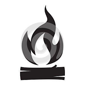Vector black and white cartoon illustration of burning fire with wood