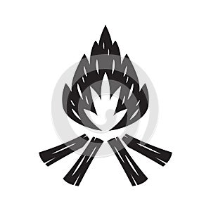 Vector black and white cartoon illustration of burning fire with wood