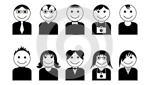 Vector black-white characters icons set. Simple avatar icons set.