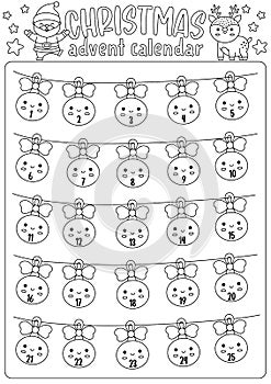 Vector black and white Christmas advent countdown calendar with traditional holiday decorations. Cute line kawaii winter planner