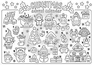Vector black and white Christmas advent countdown calendar with traditional holiday symbols. Cute line kawaii winter planner for