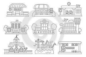 Vector black and white city transportation places set. Bus stop, metro, railway, gas station line clipart. Cute flat hospital,