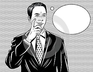 Vector black and white comic style illustration of a manager thinking.