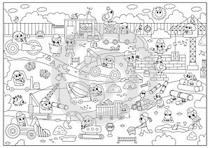 Vector black and white construction site, road work landscape illustration, coloring page. Building line scene with kid builders,