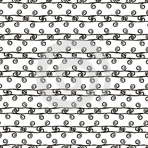 Vector black and white contrast monochrome retro seamless pattern of black stripes horizontal lines with curls