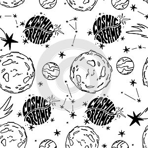 Vector black and white cosmic dreamer seamless pattern