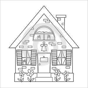 Vector black and white country house icon isolated on white background. Outline farm cottage illustration. Cute brick home with