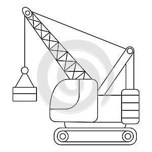 Vector black and white crawler crane with load. Construction site, road work line icon. Building transportation clipart. Cute photo