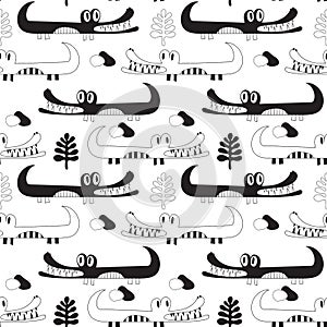 Vector Black and White Crocodiles Pattern