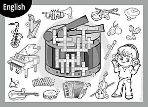 Vector black and white crossword in English. Cartoon boy in headphones and set of musical instruments