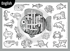 Vector black and white crossword in English. Cartoon set of sea animals