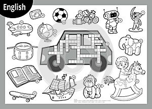 Vector black and white crossword in English. Cartoon set of toys and items for boys