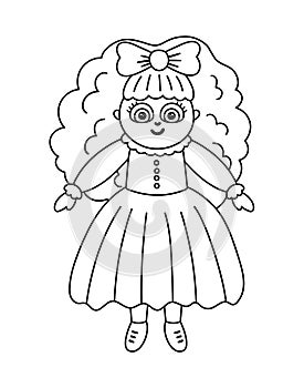 Vector black and white doll isolated on white background. Cute toy girl illustration for kids. Funny line icon of smiling