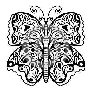 Vector black-white drawing of a butterfly. Coloring book for adults and children, patterned print, tattoo, winged insect