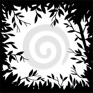 Vector black and white drawing, frame. magical, fairy forest, a frame of leaves and branches. background for greeting card, book.