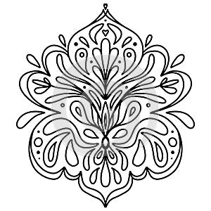 Vector black and white drawing mirror floral ornament. Coloring book for adults and adolescents, a beautiful print for
