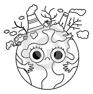 Vector black and white earth for kids. Earth day line illustration with sad kawaii polluted planet. Environment friendly icon or