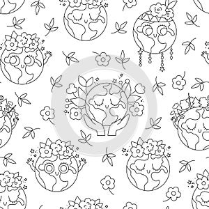 Vector black and white earth seamless pattern for kids. Earth day repeat background with cute kawaii smiling planets. Environment