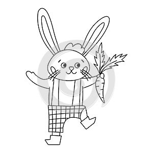 Vector black and white Easter bunny icon. Outline rabbit boy with spade and carrot isolated on white background. Cute animal