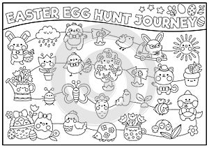 Vector black and white Easter egg hunt journey game with holiday symbols. Line kawaii spring planner, maze, advent countdown