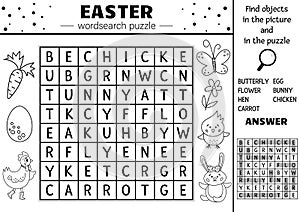 Vector black and white Easter wordsearch puzzle for kids. Simple spring crossword with traditional holiday symbols for children. photo