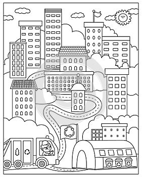 Vector black and white eco city scene. Ecological town landscape with zero waste concept. Green city line illustration with