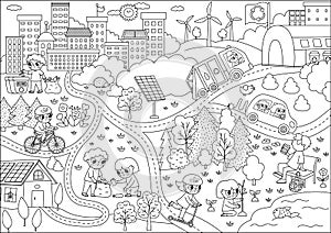 Vector black and white eco city scene. Ecological town line landscape with alternative transport, energy concept. Green city