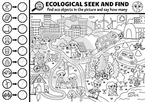 Vector black and white ecological searching game with eco city landscape. Spot hidden objects in the picture and say how many.