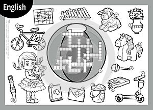 Vector black and white in English. Cartoon set of toys and objects for girl