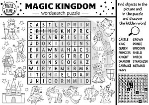 Vector black and white fairytale wordsearch puzzle for kids. Simple magic kingdom crossword with fantasy creatures. Coloring page