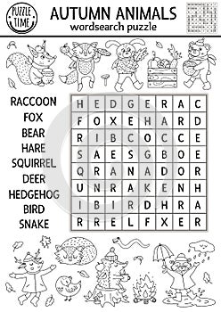 Vector black and white fall wordsearch puzzle for kids. Simple outline crossword with autumn forest animals for children. Line photo