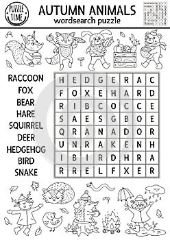 Vector black and white fall wordsearch puzzle for kids. Simple outline crossword with autumn forest animals for children. Line