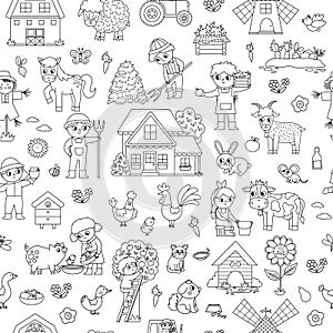 Vector black and white farm seamless pattern. Rural countryside outline repeat background with funny farmers, barn, animals, birds