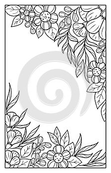 Vector black and white floral illustration. Stylized contour flowers, leaves and twigs of fantastic abstract plants