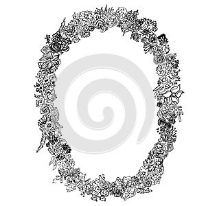 Vector black and white floral oval frame of spirals, swirls, doodles