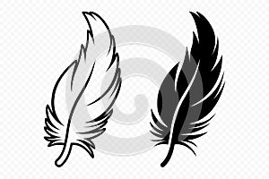 Vector Black and White Fluffy Feather Logo Icons. Silhouette Feather Set Closeup Isolated. Design Template of Flamingo