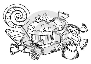 Vector black and white food coloring book page for children and adult sweets collection: lollipop, cupcake, chocolate candy