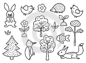 Vector black and white forest set with plants, trees, animals, birds. Woodland coloring page for kids. Cute nature outline