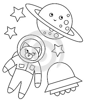 Vector black and white funny astronaut fox in space with planet, stars, UFO. Cute cosmic illustration for children. Astronomy