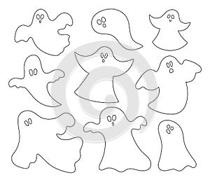 Vector black and white ghosts set. Outline Halloween party illustration or coloring page with funny spooks. Scary design for