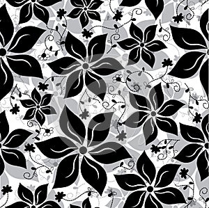 Vector black white gradient floral seamless pattern background