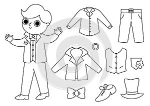 Vector black and white groom clothes set. Cute just married boy with suit, accessory. Wedding ceremony line icon pack. Cute