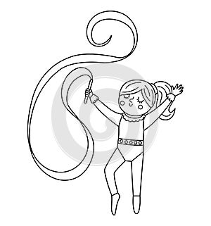 Vector black and white gymnast girl with ribbon. Cute funny acrobat. Circus or sport artist clipart. Amusement holiday line icon.