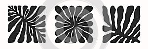 Vector black and white hand drawn floral square compositions.Hand drawn organic abstract shapes