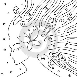 Vector black and white hand drawn illustration of psychedelic woman face with abstract tree, flowers, leaves, dots, butterfly, bac