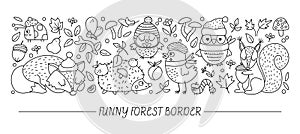 Vector black and white horizontal border set with cute animals and autumn forest elements. Thanksgiving line card template design